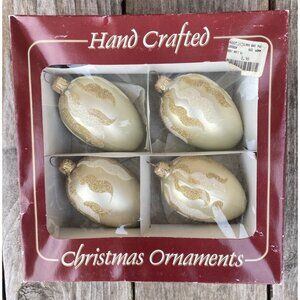 4 Vintage Christmas Ornaments Egg Shape Gold White Glitter Made In Ukraine